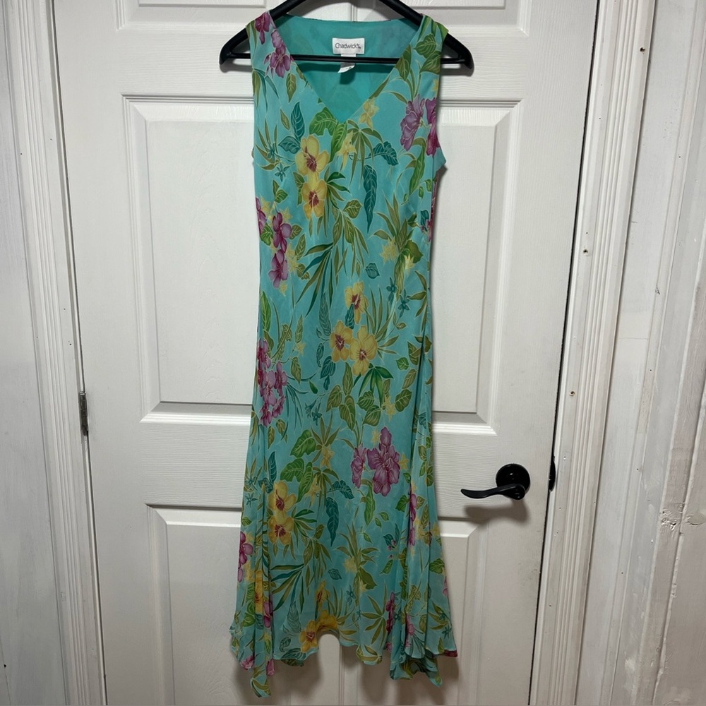 Chadwicks Turquoise Floral V-Neck Midi Dress with Yellow and Pink Blooms